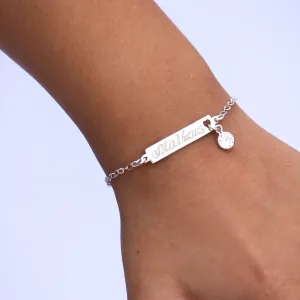PULSEIRA INFANTIL PLACA LISA COM CORAÇÃO VAZADO E PINGO DE LUZ PENDURADO ELO PORTUGUES FINO  COM NOME MATHEUS- PRATA 925