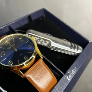 RELÓGIO CONDOR MASCULINO DOURADO COM INTERIOR AZUL METALICO PULSEIRA EM COURO MARROM - BRINDE CANIVETE MO2115BP4P- COR DOURADA