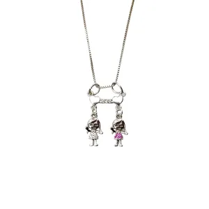 CORRENTE VENEZIANA CANGA CORAÇÕES LATERAL  COM 2 MENINAS COLORS - BANHADO A RÓDIO BRANCO