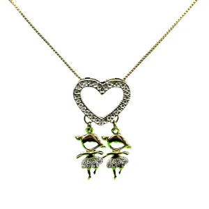 CORRENTE VENEZIANA CORAÇÃO CRAVEJADO COM 2 MENINAS PENDURADO 45CM - BANHADO A OURO 18K