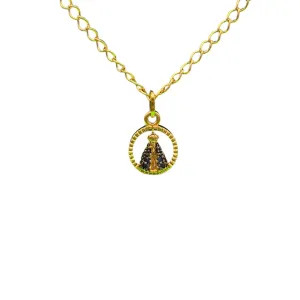 TORNOZELEIRA ELO GRUMET FINO COM NOSSA SENHORA REDONDA CRAVEJADA - BANHADO A OURO 18K