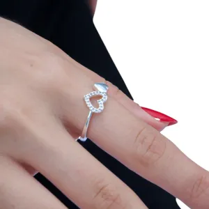 ANEL CORAÇÃO VAZADO COM MICRO ZIRCONIA CRISTAL E CORAÇÃO CHEIO LISO  Nº22- BANHADO A PRATA 925