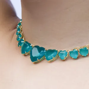 CORRENTE CORAÇÕES VERDE E EXTENSOR -BANHADO A OURO 18K