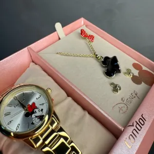 RELOGIO CONDOR FEMININO LINHA DISNEY DOURADO COM FUNDO MINNIE ACOMPANHA ACESSORIOS CORRENTE E BRINCO PERSONAGEM - COR AÇO DOURADO