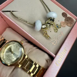RELOGIO CONDOR FEMININO LINHA DISNEY DOURADO COM FUNDO CINDERELA ACOMPANHA ACESSORIOS PULSEIRA COM BERLOQUES PERSONALIZADO PERSONAGEM CO2035NMW/K4X - COR AÇO DOURADO
