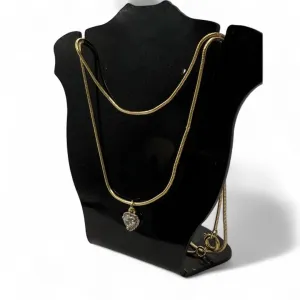 CORRENTE DUPLA RABO DE RATO 70CM COM CORAÇÃO CRISTAL-  BANHADO A OURO 18K