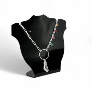 CORRENTE CUMPRIDA MAO DE FATIMA COM BOLINHA NEON COM EXTENSOR - BANHADO A PRATA 925