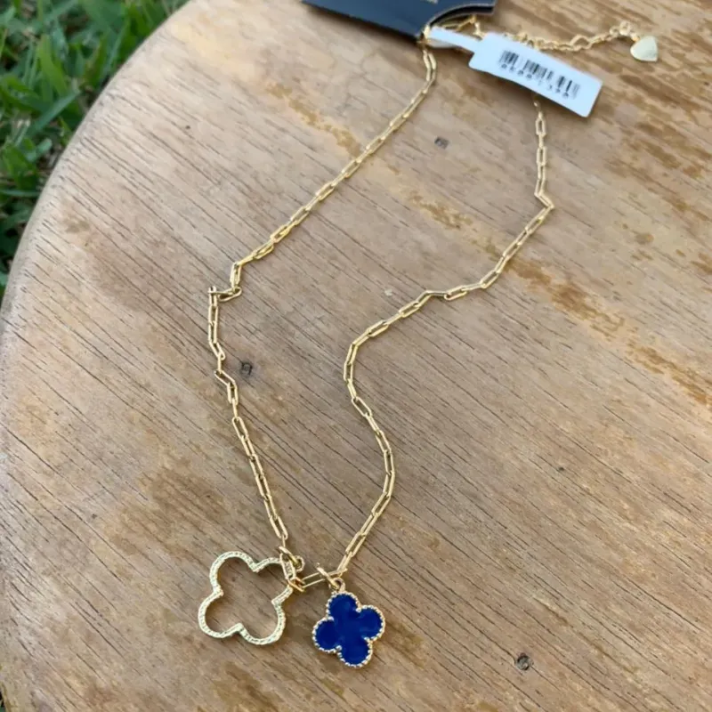 CORRENTE TREVO AZUL E TREVO VAZADO - BANHADO A OURO 18K