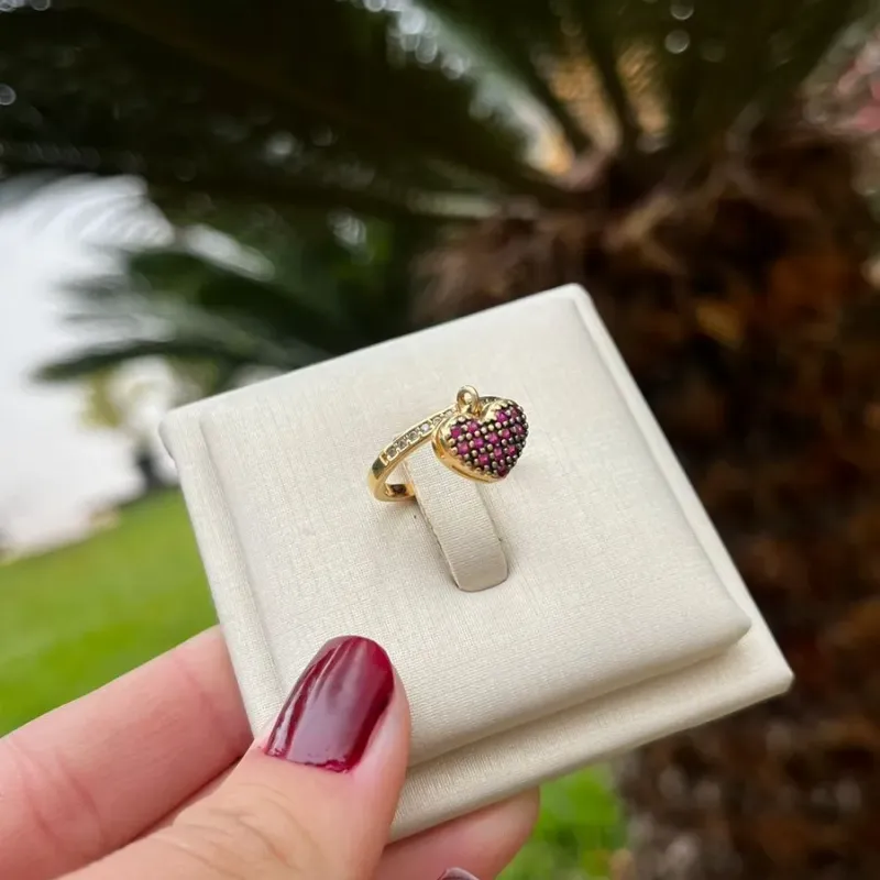 ANEL CORAÇÃO PENDURADO ZIRCONIA PINK Nª15- BANHADO A OURO 18K