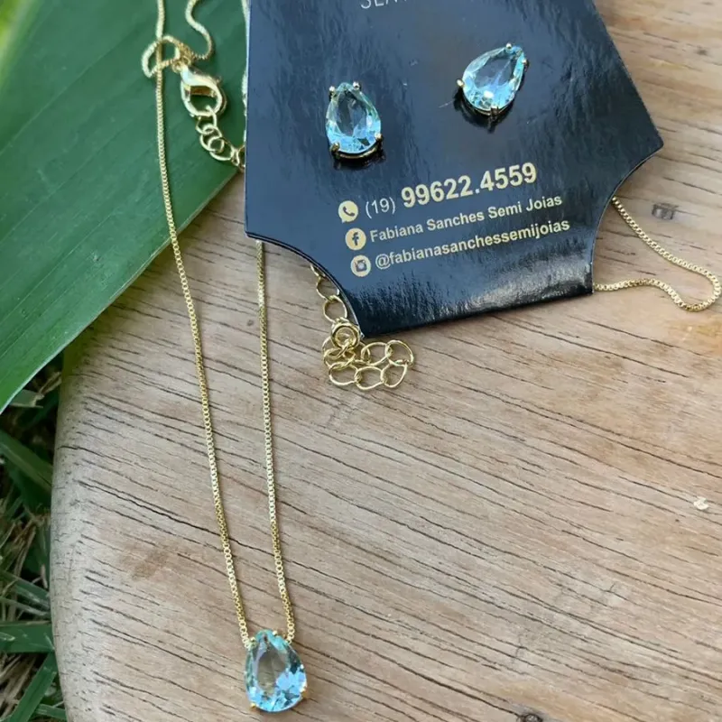 CONJUNTO CORRENTE VENEZIANA COM GOTA AZUL - BANHADO A OURO 18K