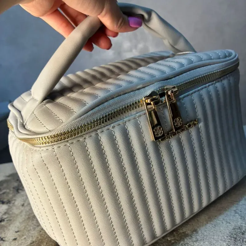 NECESSAIRE QUADRADA CINZA LISTRADA CHENSON