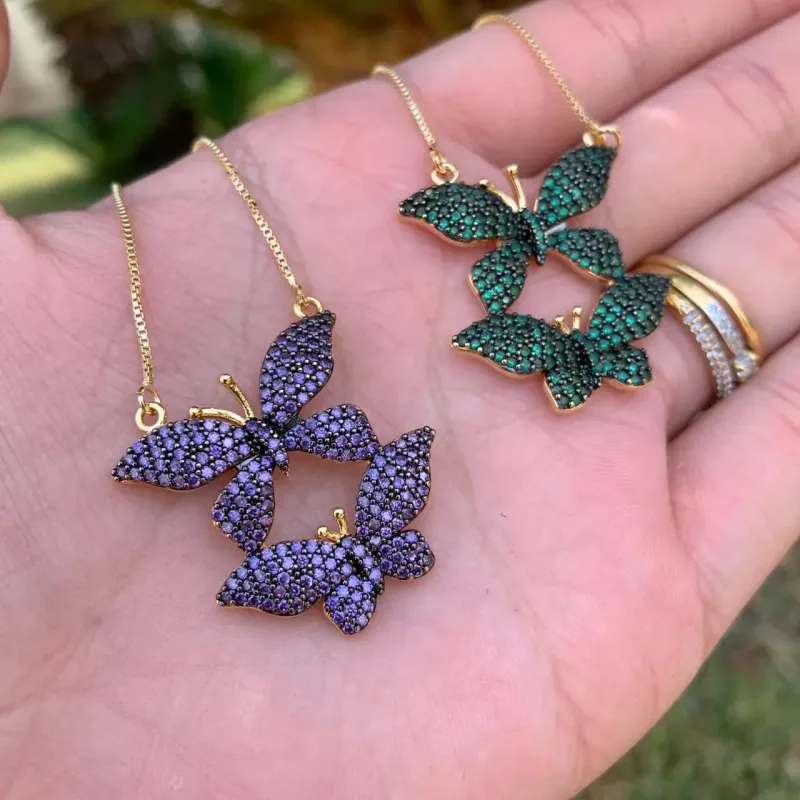 CORRENTE BORBOLETA DUPLA CRAVEJADA VERDE COM EXTENSOR-BANHADO A OURO 18K CORRENTE BORBOLETA DUPLA CRAVEJADA VERDE COM EXTENSOR-BANHADO A OURO 18K