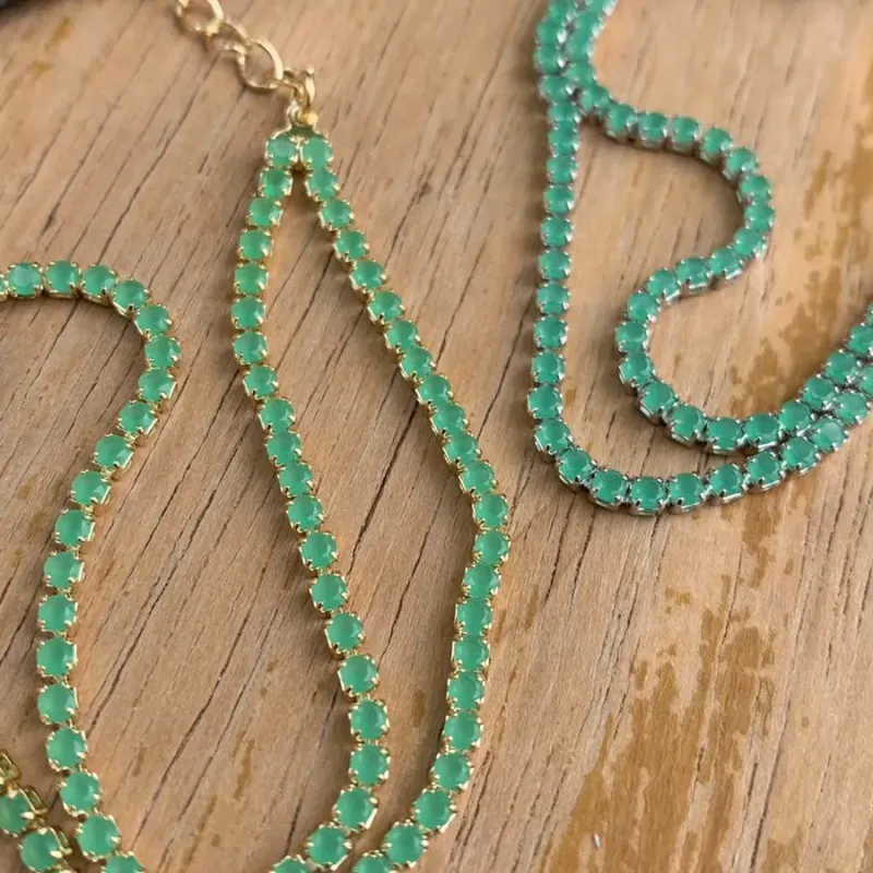 PULSEIRA DUPLA RIVIERA ZIRCONIA VERDE FOLHA COM EXTENSOR - BANHADO A OURO 18K PULSEIRA DUPLA RIVIERA ZIRCONIA VERDE FOLHA COM EXTENSOR - BANHADO A OURO 18K