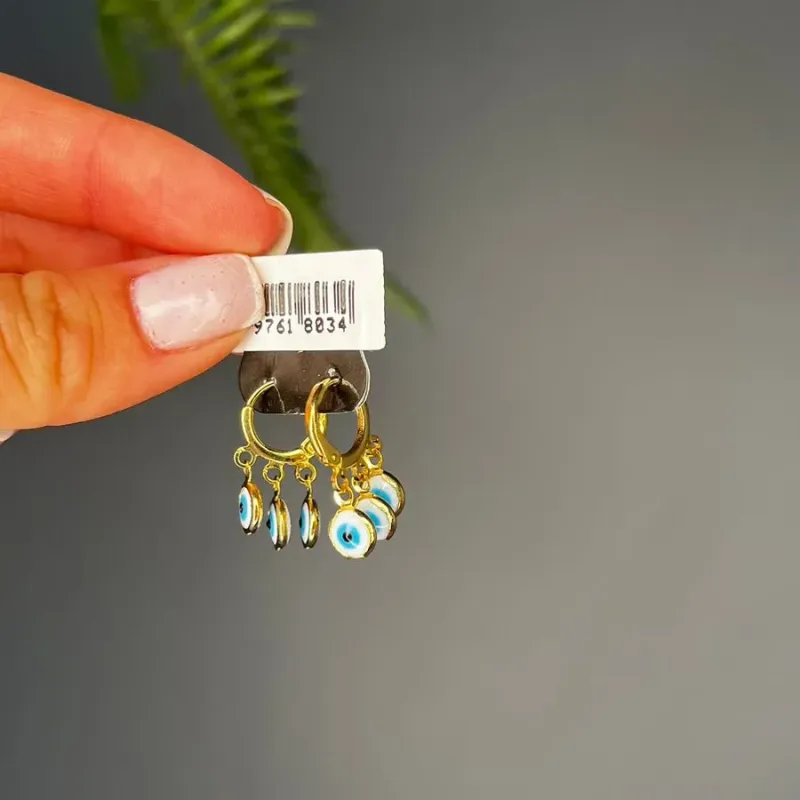 BRINCO ARGOLA BOLA  3 OLHO GREGO PENDURADO MÉDIO - BANHADO A OURO 18K BRINCO ARGOLA BOLA  3 OLHO GREGO PENDURADO MÉDIO - BANHADO A OURO 18K