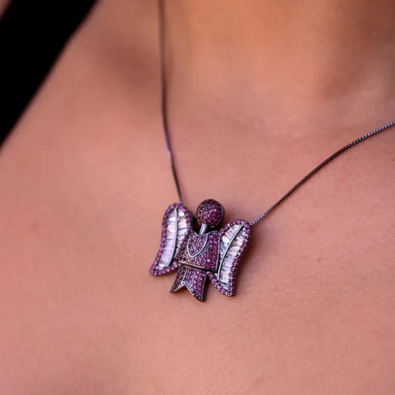 CORRENTE ANJO CRAVEJADO ZIRCONIA LILÁS E NAVETE   - BANHADO A RÓDIO NEGRO CORRENTE ANJO CRAVEJADO ZIRCONIA LILÁS E NAVETE   - BANHADO A RÓDIO NEGRO