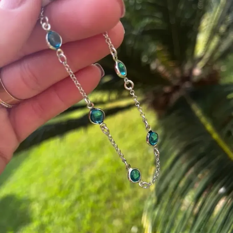 PULSEIRA ELO PORTUGUÊS FINO COM PONTO DE LUZ ACRILICO AZUL CLARO -PRATA 925 PULSEIRA ELO PORTUGUÊS FINO COM PONTO DE LUZ ACRILICO AZUL CLARO -PRATA 925