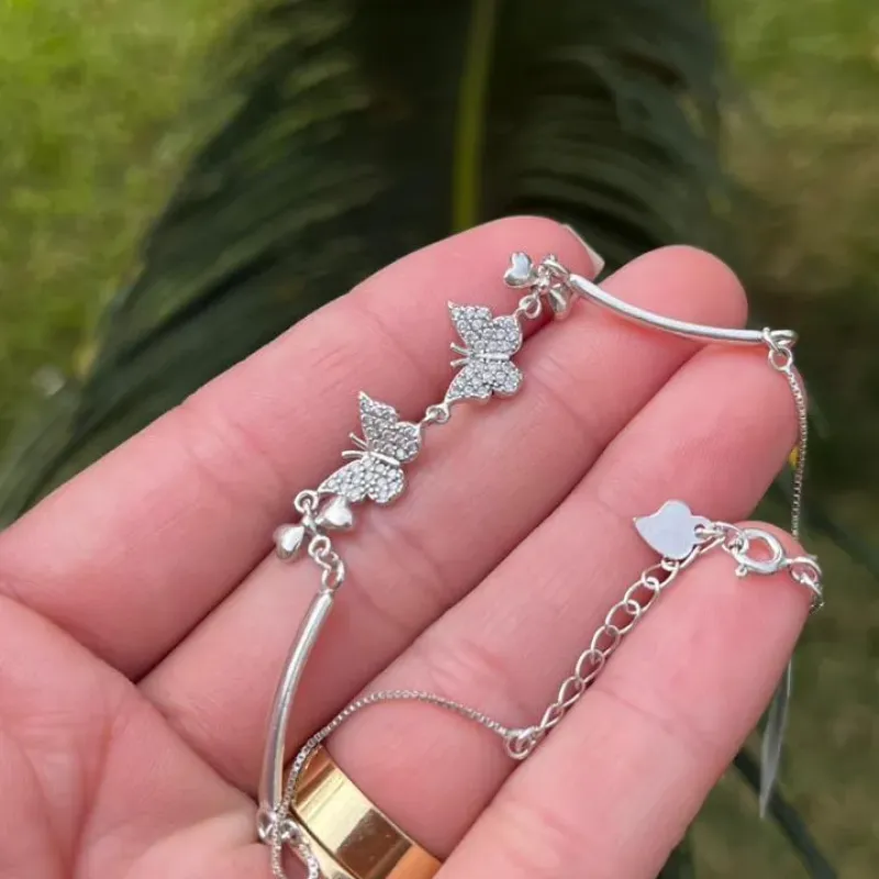 PULSEIRA VENEZIANA COM BORBOLETAS CRAVEJADO CRISTAL  -PRATA 925 PULSEIRA VENEZIANA COM BORBOLETAS CRAVEJADO CRISTAL  -PRATA 925