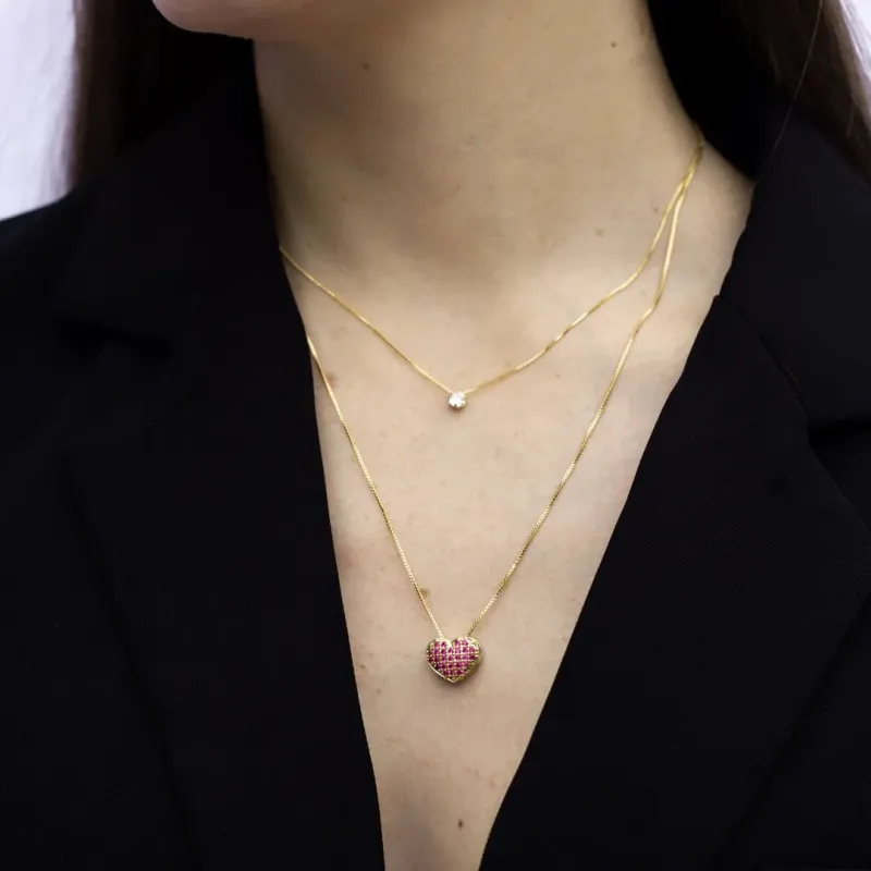 CORRENTE VENEZIANA COM CORAÇÃO CRAVEJADO PINK E EXTENSOR - BANHADO A OURO 18K CORRENTE VENEZIANA COM CORAÇÃO CRAVEJADO PINK E EXTENSOR - BANHADO A OURO 18K