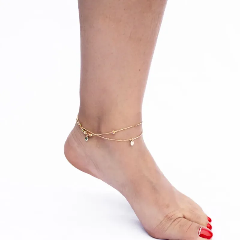 TORNOZELEIRA VENEZIANA COM AROS COLORS E CORAÇÃO PENDURADO COM EXTENSOR - BANHADO A OURO 18K TORNOZELEIRA VENEZIANA COM AROS COLORS E CORAÇÃO PENDURADO COM EXTENSOR - BANHADO A OURO 18K