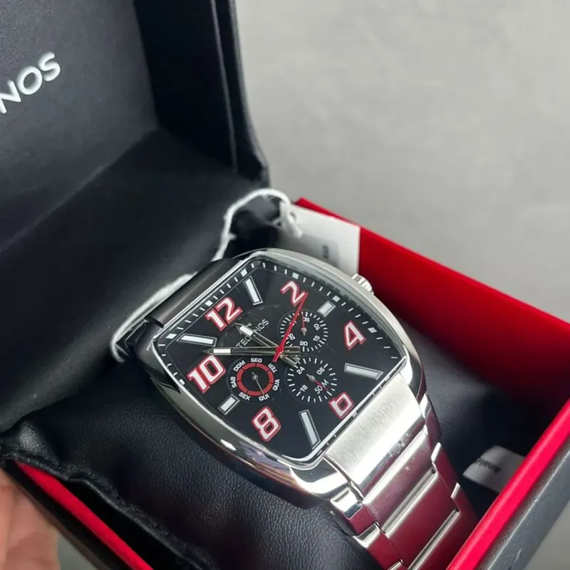 RELÓGIO TECHNOS PULSEIRA PRATA QUADRADO INTERIOR PRETO E VERMELHO- COR PRATA RELÓGIO TECHNOS PULSEIRA PRATA QUADRADO INTERIOR PRETO E VERMELHO- COR PRATA