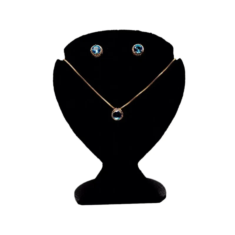 CONJUNTO REDONDO AZUL AQUAMARINE CRAVEJADA COM EXTENSOR- BANHADO A OURO 18K CONJUNTO REDONDO AZUL AQUAMARINE CRAVEJADA COM EXTENSOR- BANHADO A OURO 18K