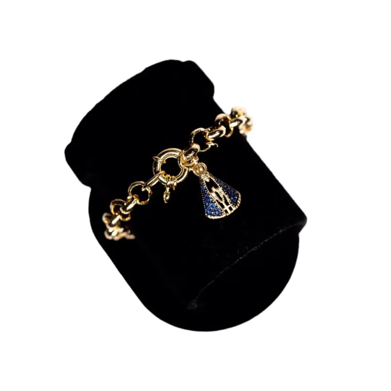 PULSEIRA ELO PORTUGUES COM FECHO BOIA E PINGENTE NOSSA SENHORA AZUL-  BANHADO A OURO 18K PULSEIRA ELO PORTUGUES COM FECHO BOIA E PINGENTE NOSSA SENHORA AZUL-  BANHADO A OURO 18K
