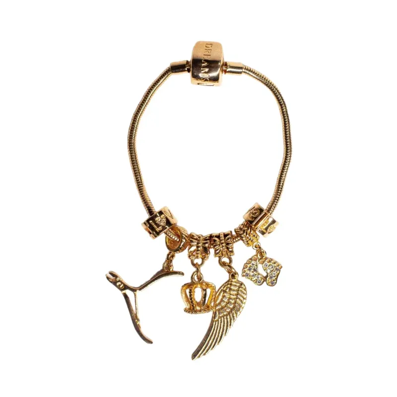 PULSEIRA PANDORA COM 6 BERLOQUES SENDO, COROA, ASA,SEPARADOR PÉ E ALICATE- BANHADO A OURO 18K PULSEIRA PANDORA COM 6 BERLOQUES SENDO, COROA, ASA,SEPARADOR PÉ E ALICATE- BANHADO A OURO 18K