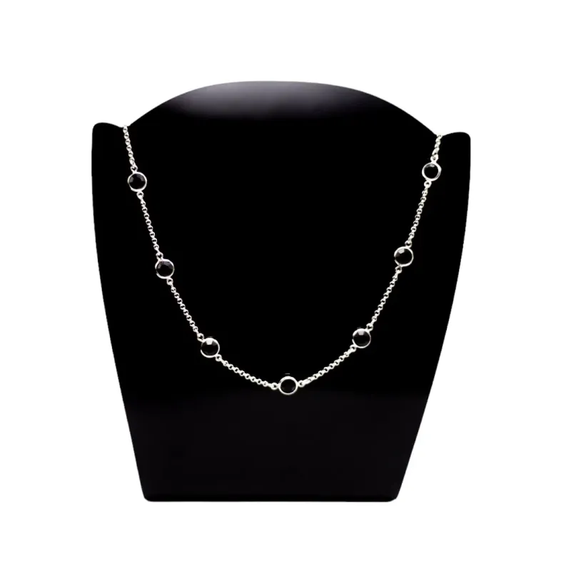 CORRENTE CUMPRIDA  PEDRA ACRÍLICO NEGRA 60CM- BANHADO A RÓDIO BRANCO CORRENTE CUMPRIDA  PEDRA ACRÍLICO NEGRA 60CM- BANHADO A RÓDIO BRANCO