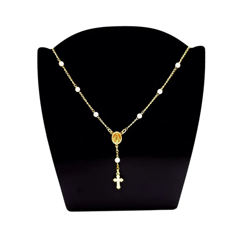 CORRENTE TERÇO COM CRUZ E PÉROLAS PEQUENA COM EXTENSOR - BANHADO A OURO 18K CORRENTE TERÇO COM CRUZ E PÉROLAS PEQUENA COM EXTENSOR - BANHADO A OURO 18K