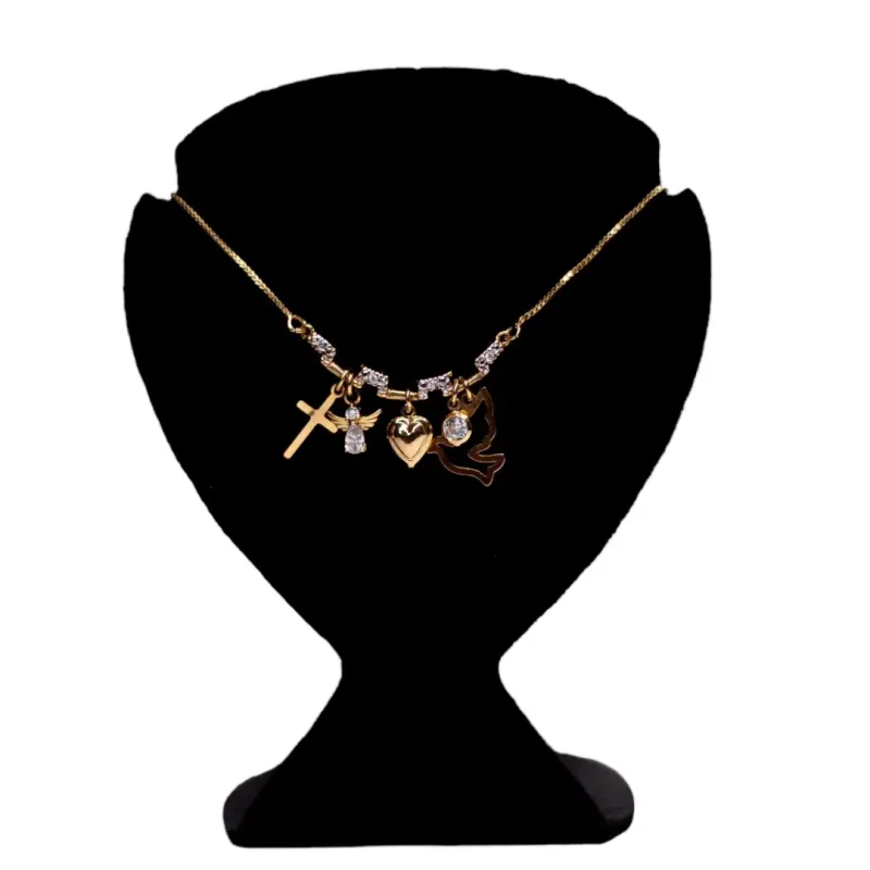 CORRENTE CANGA ESPÍRITO SANTO,CRUZ,ANJO,CORAÇÃO CRAVEJADO COM EXTENSOR- BANHADO A OURO 18K CORRENTE CANGA ESPÍRITO SANTO,CRUZ,ANJO,CORAÇÃO CRAVEJADO COM EXTENSOR- BANHADO A OURO 18K