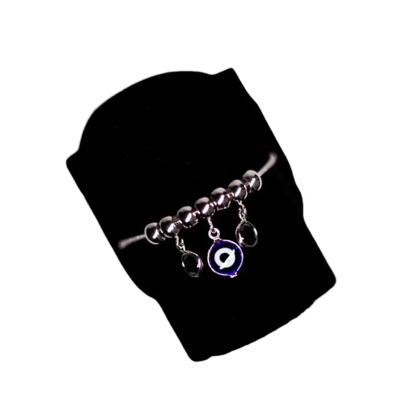 PULSEIRA COM PENDURICALHO OLHO GREGO E PONTO DE LUZ NEGRO GRAVATINHA  - BANHADO A RÓDIO BRANCO PULSEIRA COM PENDURICALHO OLHO GREGO E PONTO DE LUZ NEGRO GRAVATINHA  - BANHADO A RÓDIO BRANCO