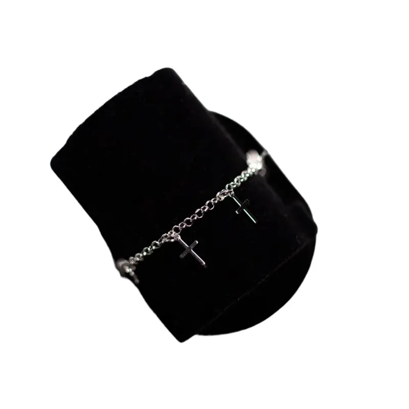 PULSEIRA ELO PORTUGUÊS FINO COM CRUZ PENDURADA COM EXTENSOR- BANHADO A RÓDIO BRANCO PULSEIRA ELO PORTUGUÊS FINO COM CRUZ PENDURADA COM EXTENSOR- BANHADO A RÓDIO BRANCO