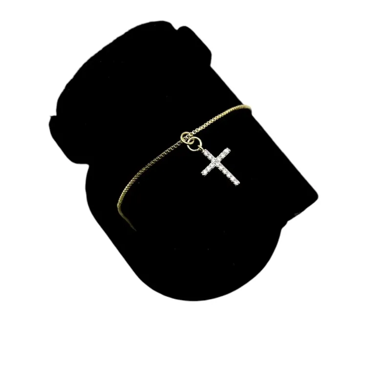 TORNOZELEIRA VENEZIANA COM CRUZ CRAVEJADA CRISTAL E EXTENSOR - BANHADO A OURO 18K TORNOZELEIRA VENEZIANA COM CRUZ CRAVEJADA CRISTAL E EXTENSOR - BANHADO A OURO 18K