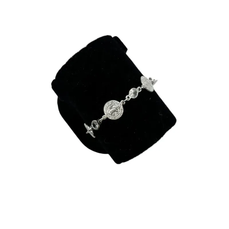 PULSEIRA ELO GRUMET FINO COM MEDALHA SÃO BENTO E ZIRCONIA CRISTAL  -PRATA 925 PULSEIRA ELO GRUMET FINO COM MEDALHA SÃO BENTO E ZIRCONIA CRISTAL  -PRATA 925