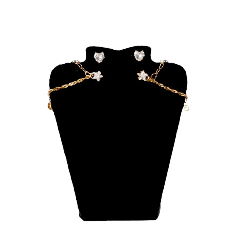 BRINCO FURO DUPLO ESTRELA E CORAÇÃO COM CORRENTE CORAÇÃO E SINGAPURA ZIRCONIA CRISTAL- BANHADO A OURO 18K BRINCO FURO DUPLO ESTRELA E CORAÇÃO COM CORRENTE CORAÇÃO E SINGAPURA ZIRCONIA CRISTAL- BANHADO A OURO 18K