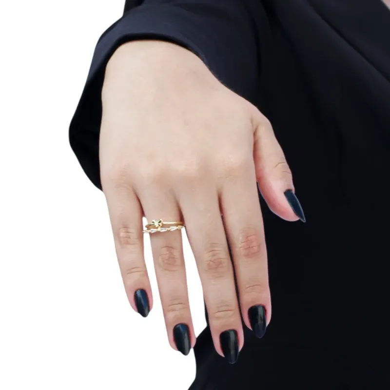 ANEL DUPLO COM NAVETES E BORBOLETA LISA ZIRCONIA CRISTAL Nº 16-- BANHADO A OURO 18K ANEL DUPLO COM NAVETES E BORBOLETA LISA ZIRCONIA CRISTAL Nº 16-- BANHADO A OURO 18K