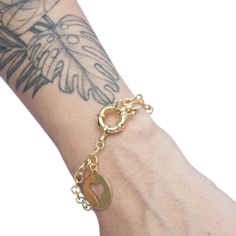 PULSEIRA ELO PORTUGUÊS GROSSO COM FECHO BOIÁ E MEDALHA CORAÇÃO- BANHADO A OURO 18K PULSEIRA ELO PORTUGUÊS GROSSO COM FECHO BOIÁ E MEDALHA CORAÇÃO- BANHADO A OURO 18K