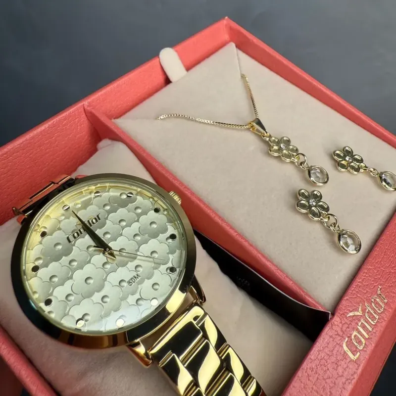 RELÓGIO CONDOR FEMININO DOURADO PULSEIRA EM AÇO INTERIOR DOURADO COM FLOR PÉROLADO + BRINDE CONJUNTO SEMIJOIAS   - COR DOURADO RELÓGIO CONDOR FEMININO DOURADO PULSEIRA EM AÇO INTERIOR DOURADO COM FLOR PÉROLADO + BRINDE CONJUNTO SEMIJOIAS   - COR DOURADO