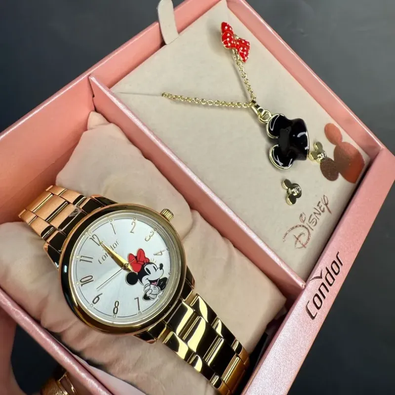 RELOGIO CONDOR FEMININO LINHA DISNEY DOURADO COM FUNDO MINNIE ACOMPANHA ACESSORIOS CORRENTE E BRINCO PERSONAGEM - COR AÇO DOURADO RELOGIO CONDOR FEMININO LINHA DISNEY DOURADO COM FUNDO MINNIE ACOMPANHA ACESSORIOS CORRENTE E BRINCO PERSONAGEM - COR AÇO DOURADO