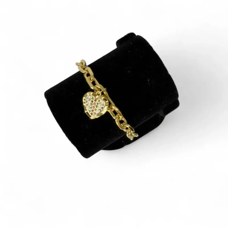 PULSEIRA ELO CARTHIE CADIADINHO COM CORAÇÃO CRAVEJADO COM MICRO ZIRCONIA COLORIDA-  BANHADO A OURO 18K PULSEIRA ELO CARTHIE CADIADINHO COM CORAÇÃO CRAVEJADO COM MICRO ZIRCONIA COLORIDA-  BANHADO A OURO 18K