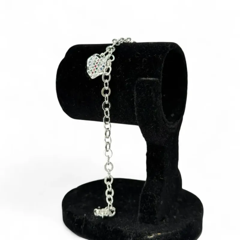 PULSEIRA ELO GRUMET LARGO COM CORAÇÃO CRAVEJADO COLORIDO -  BANHADO A PRATA 925 PULSEIRA ELO GRUMET LARGO COM CORAÇÃO CRAVEJADO COLORIDO -  BANHADO A PRATA 925