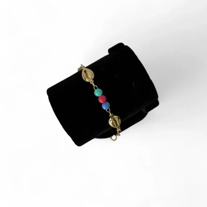 TORNOZELEIRA ELO GRUMET BUZIOS COM BOLINHAS COLORIDAS  E EXTENSOR - BANHADO A OURO 18K TORNOZELEIRA ELO GRUMET BUZIOS COM BOLINHAS COLORIDAS  E EXTENSOR - BANHADO A OURO 18K