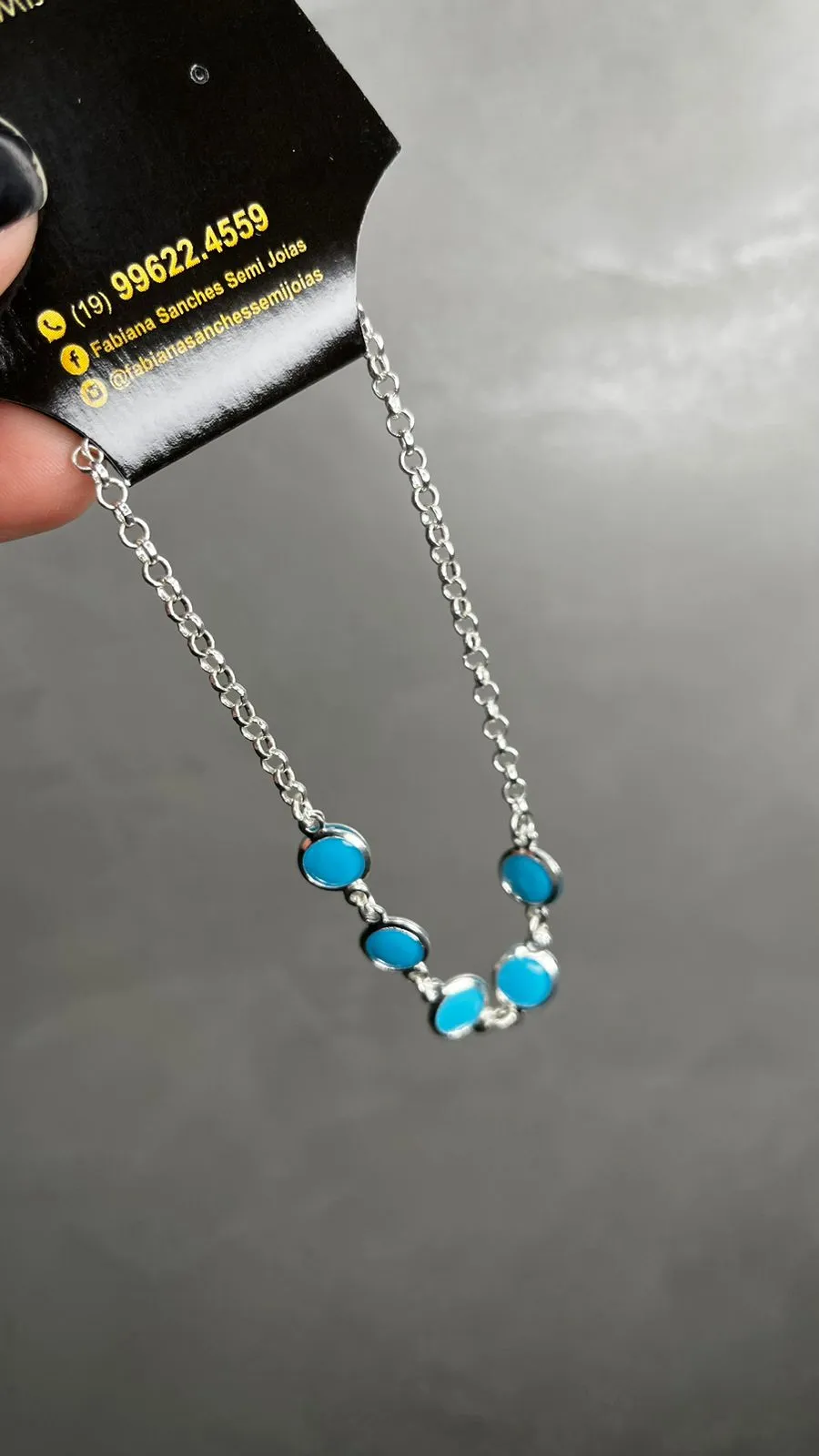 PULSEIRA ELO PORTUGUÊS  MÉDIO COM PONTO DE LUZ AZUL LEITOSO  -PRATA 925
