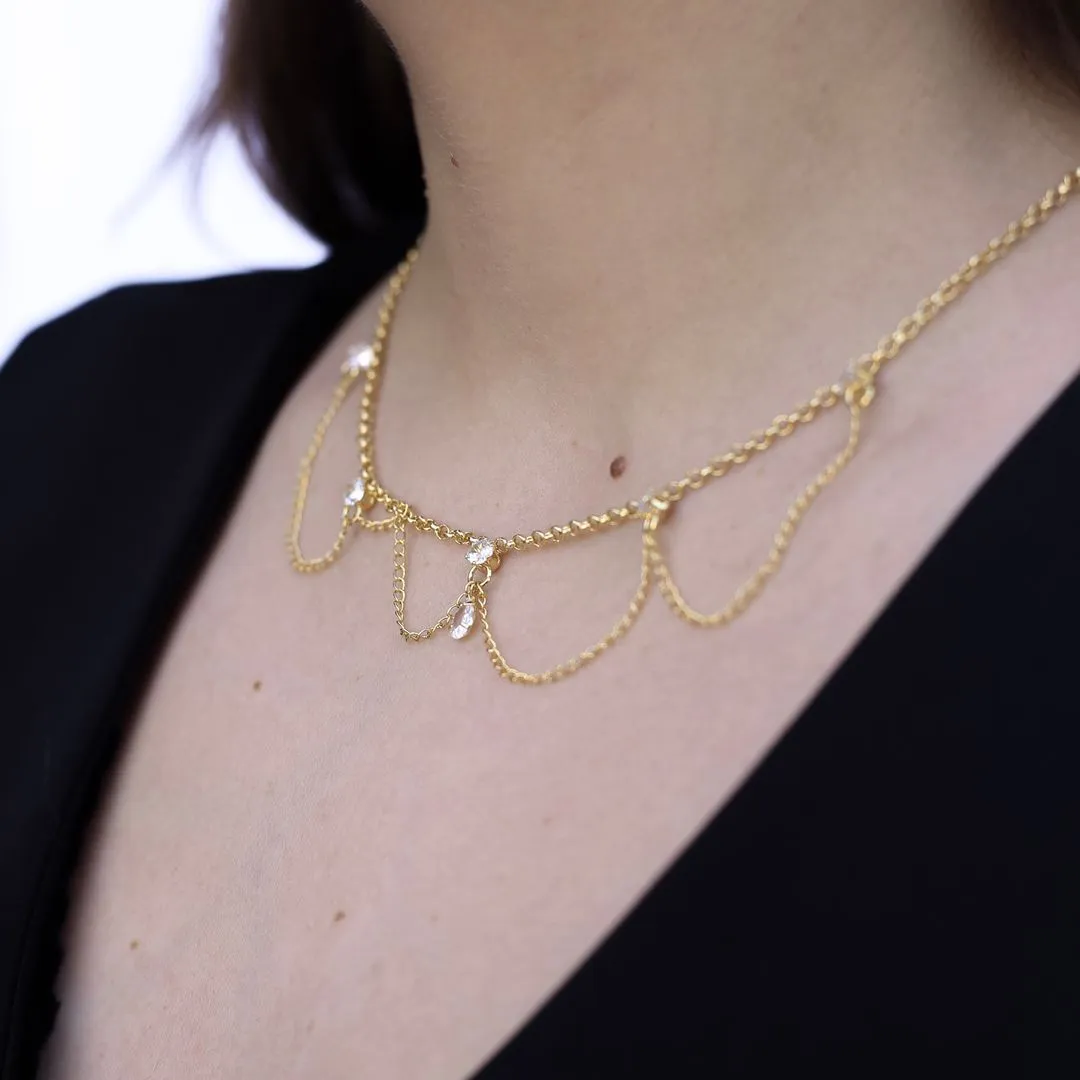 CORRENTE ELO PORTUGUES FINO INDIANA COM PONTO DE LUZ CRISTAL COM EXTENSOR- BANHADO A OURO 18K