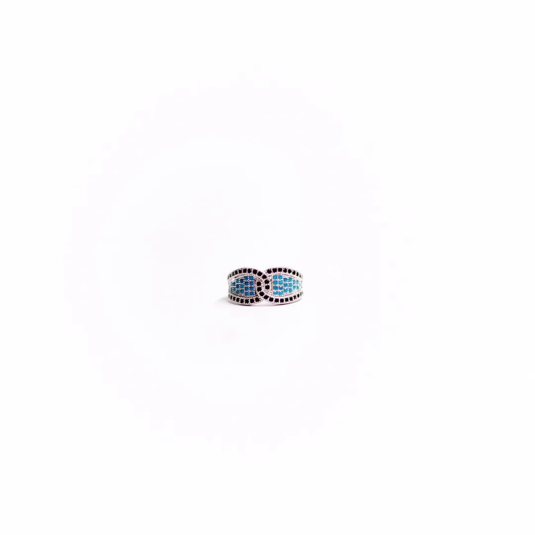 ANEL TIPO CHANEL ZIRCONIA AZUL TURMALINA Nª13 -BANHADO A RÓDIO BRANCO