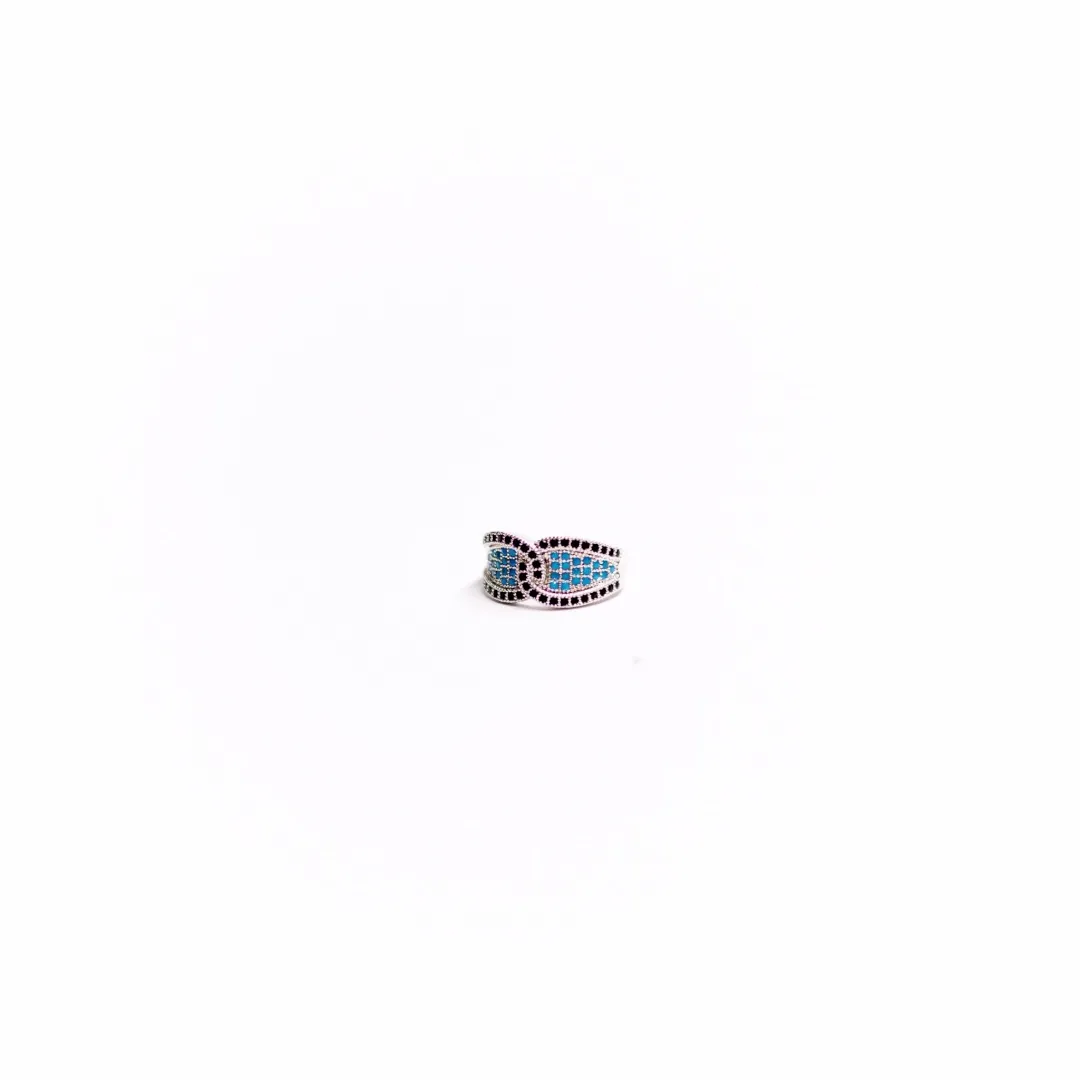 ANEL TIPO CHANEL ZIRCONIA AZUL TURMALINA Nª13 -BANHADO A RÓDIO BRANCO