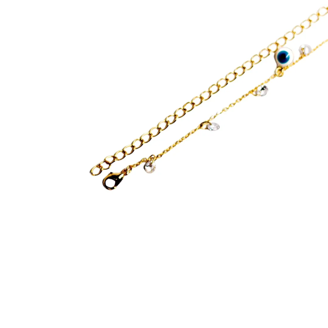 CHOKER ELO PORTUGUÊS FINO COM PENDURICALHO OLHO GREGO E PONTO DE LUZ CRISTAL - BANHADO A OURO 18K