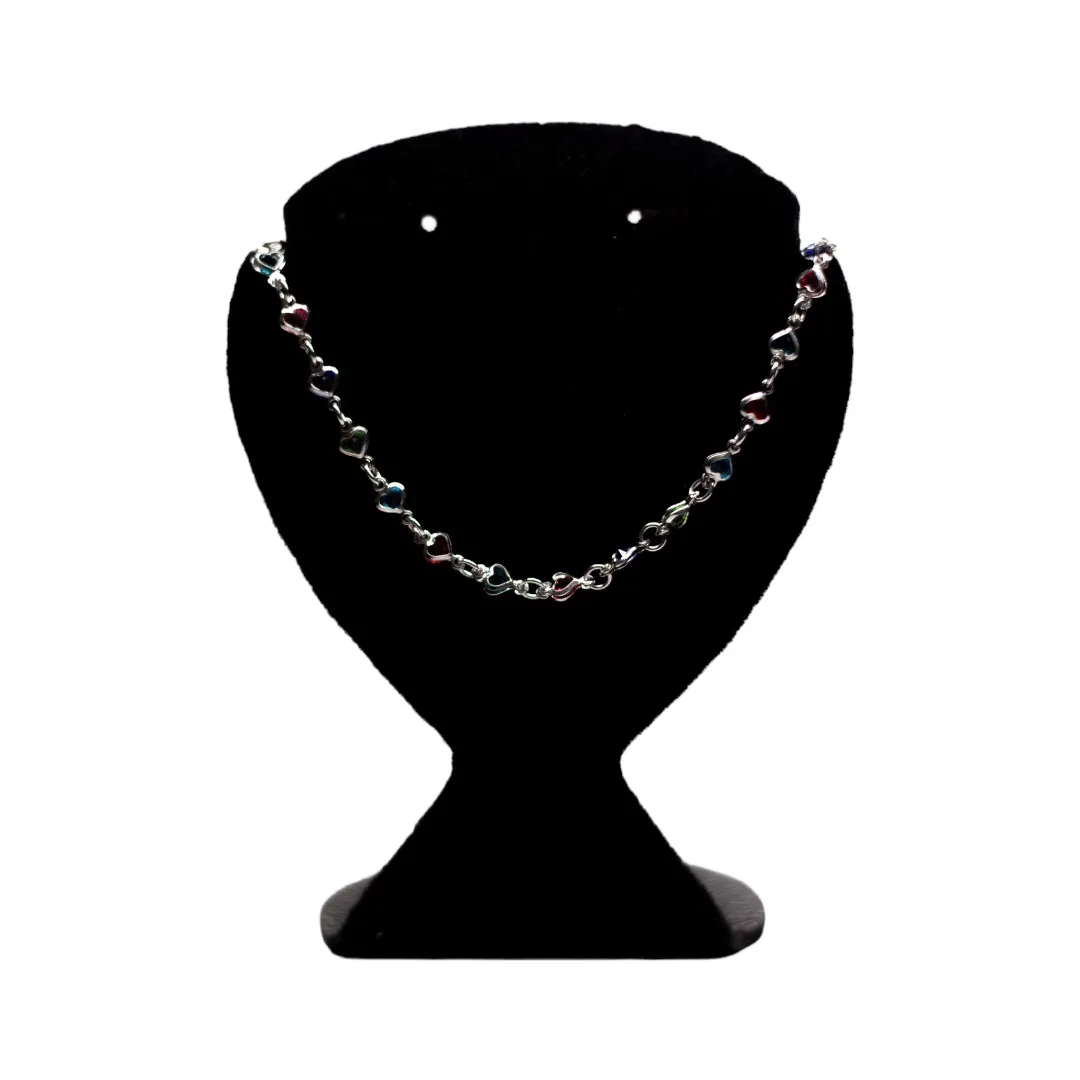 CHOKER CORRENTE CORAÇÃO ZIRCONIA COLORS  COM EXTENSOR- BANHADO A RÓDIO BRANCO