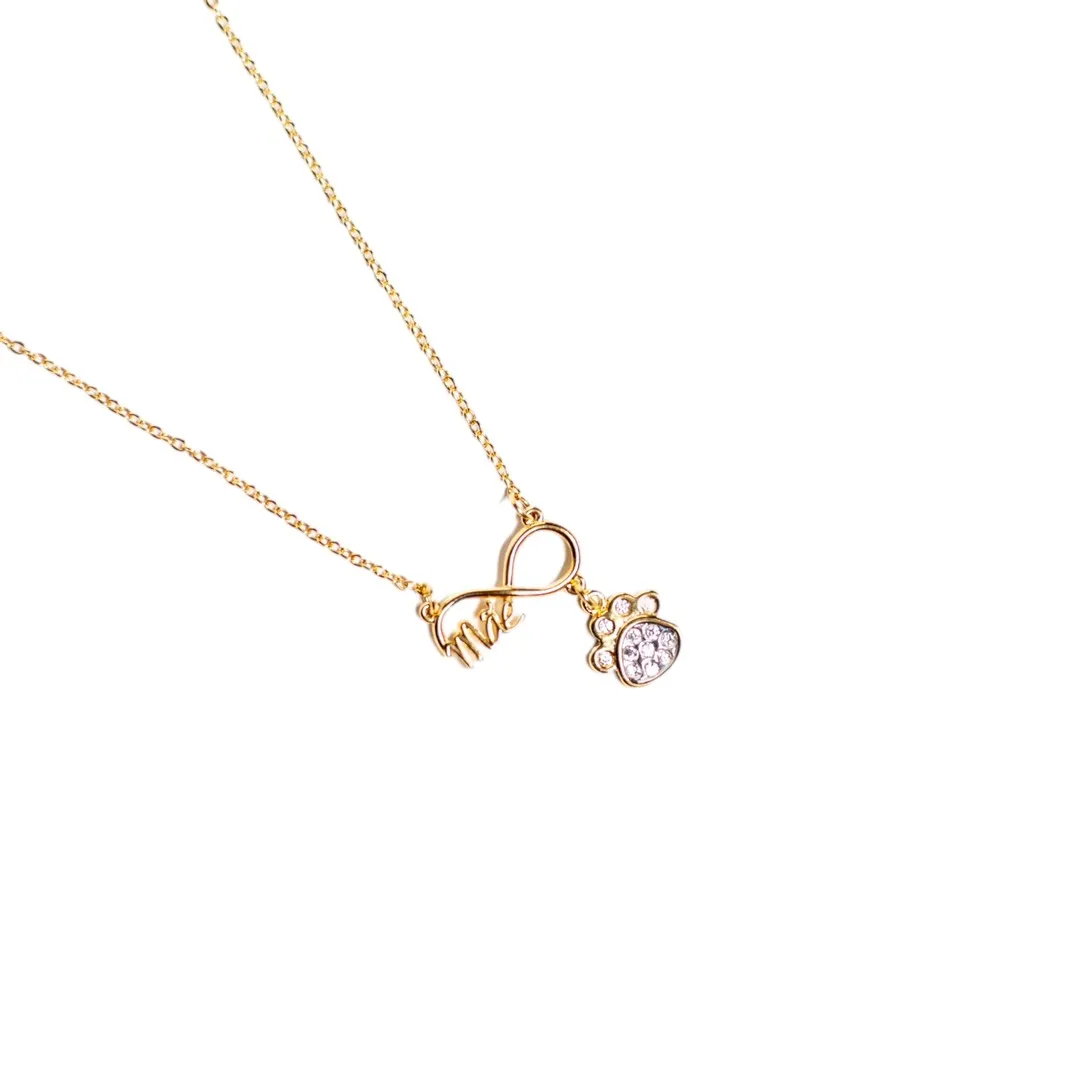 CORRENTE ELO PORTUGUÊS FINO COM SÍMBOLO INFINITO MÃE E PATA CRAVEJADA PENDURADA COM EXTENSOR- BANHADO A OURO 18K