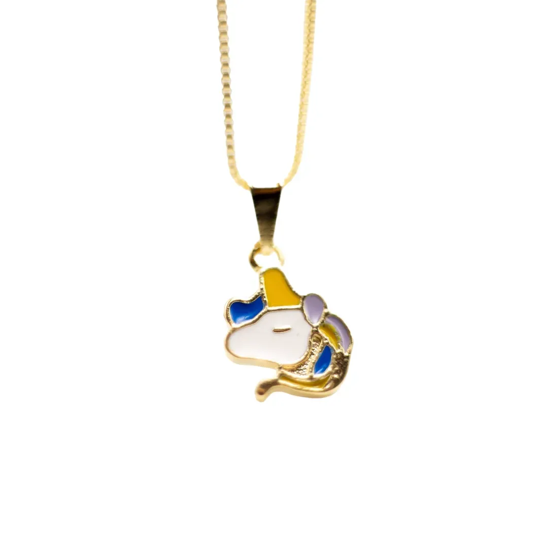 CONJUNTO INFANTIL BRINCO E CORRENTE 40CM UNICÓRNIO RESINADO - BANHADO A OURO 18K